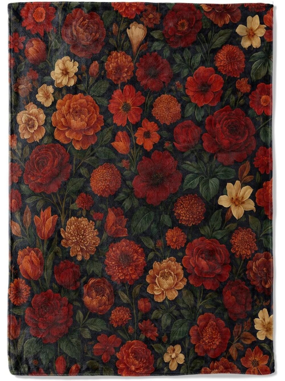 Vintage Dark Floral Fleece Blanket,50x60in,Red Orange Peony and Autumn Garden Fl